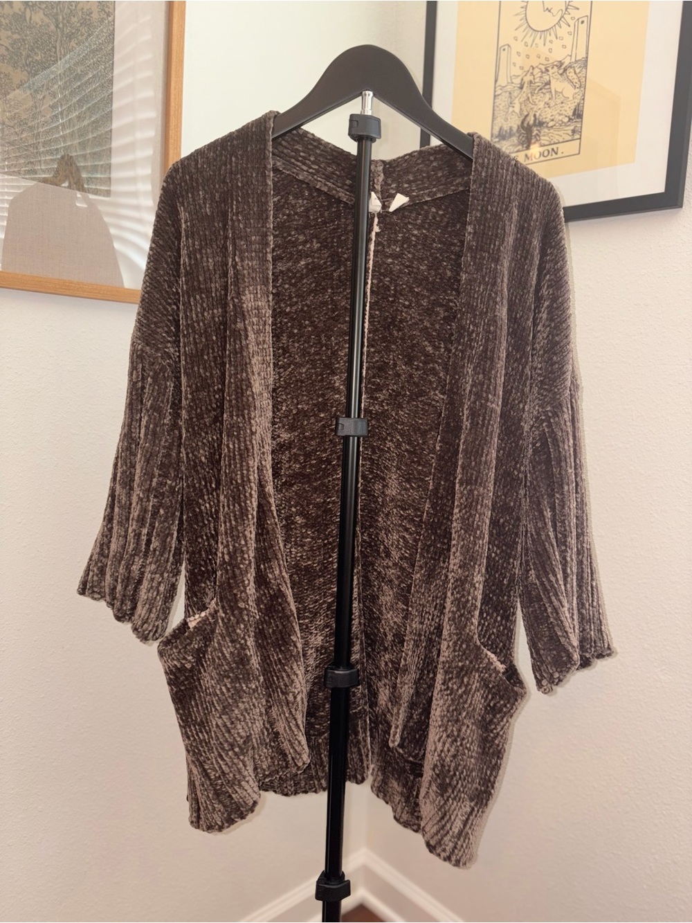 Anthropologie Moth Open-Front Brown Chenille Cardigan Sweater